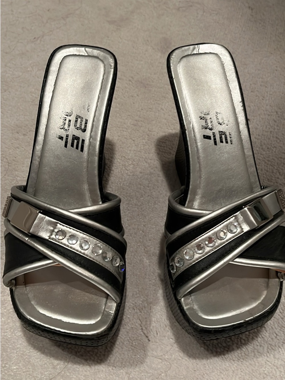 Bebe sport Silver and Black Embellished Slide wedge Sandals - Women size 6